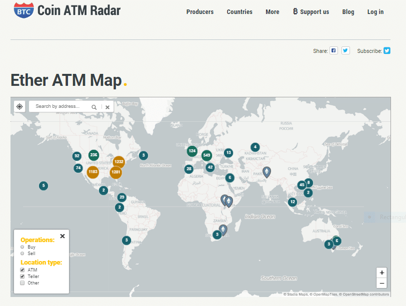 ETH ATM map by Coin ATM Radar